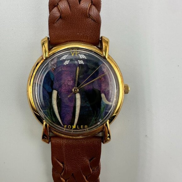 3/$30 Fowler Watch Women Gold Tone Purple Elephant Art Dial Braided Band - Picture 2 of 14